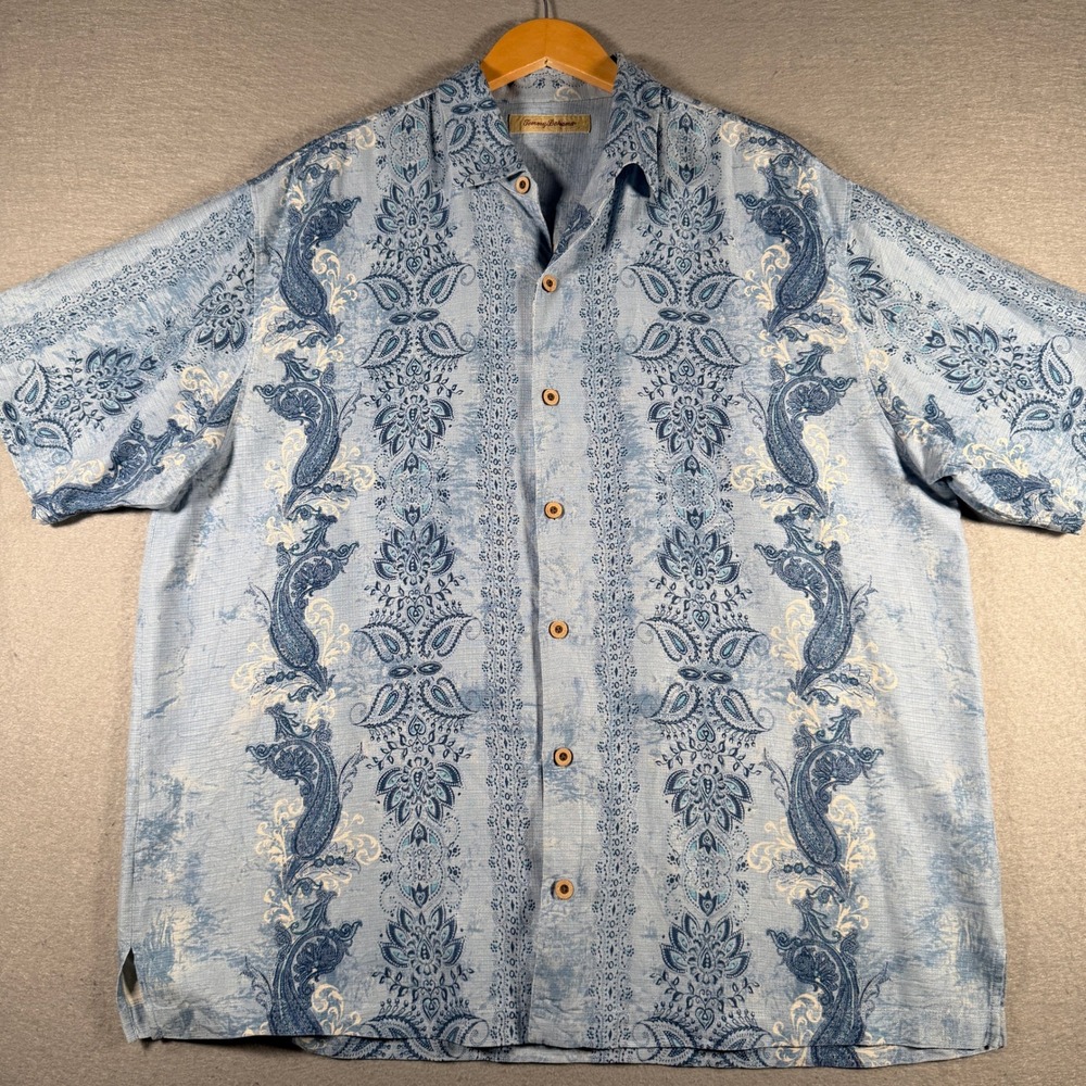 Tommy Bahama Mens XL Blue Paisley Panel Print Short Sleeve Camp Button Up Shirt